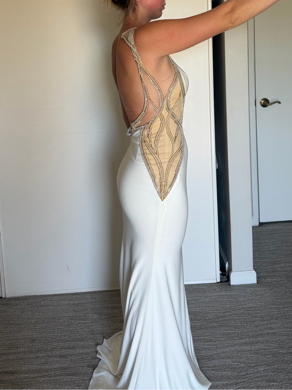 Tony Bowls Paris Elegant White Evening Gown with Beaded Nude Illusion Panels